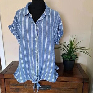 NWT Jachs Girlfriend Short Sleeved Linen Blend Blouse XL Striped Lightweight Top